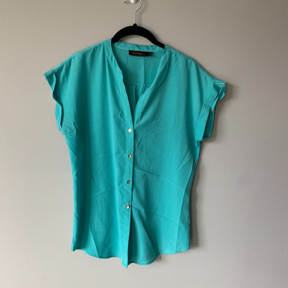 Limited Short Sleeve Blouse - V-Neck - Turquoise - Sheer & Flowy